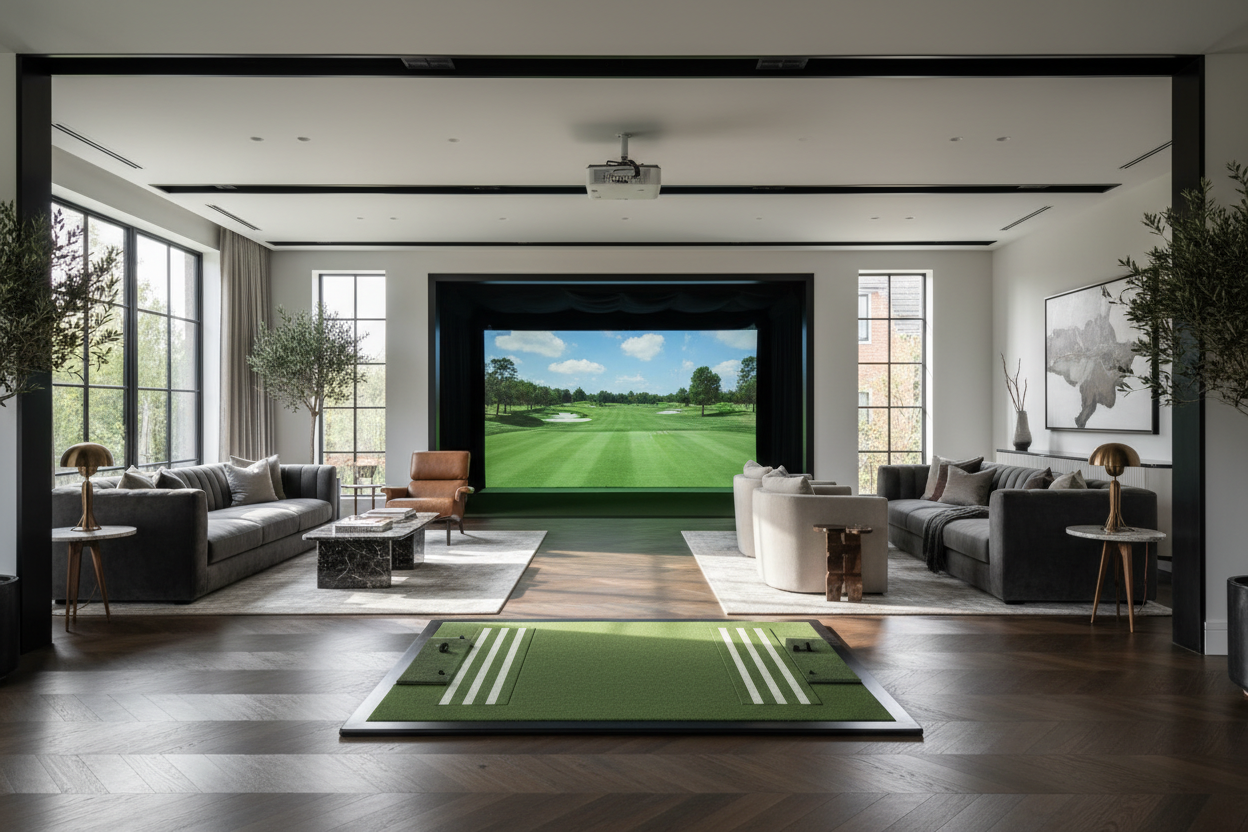 Generate a banner image suitable for a premium online store, but with natural lighting. Feature a photorealistic "Luxury" vibe of a modern architetural high end light and welcomign relaxing entertianment room with a dark wood parquet flooring highceilings tall windows with balck details and a smart tehc golf simultors on and a lounge sitting area behing it visile for the back as the clear focus. The surrounding scene, mood, and setting should be designed entirely around the product