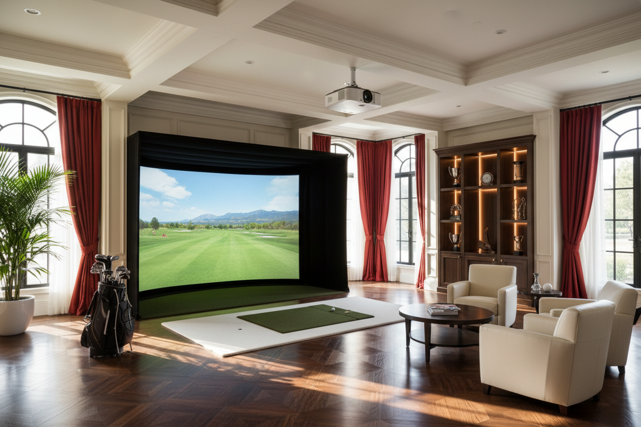 Generate a banner image suitable for a premium online store, but with natural lighting. Feature a photorealistic "Luxury" vibe of a modern architetural high end light and welcomign relaxing entertainmenrt room with cream walls high ceilings and. arched winfoes with blakc details and re dlinend curtains and a dark wood parquet flooring with a golf simultor and a golf projector as the clear focus. The surrounding scene, mood, and setting should be designed entirely around the product 