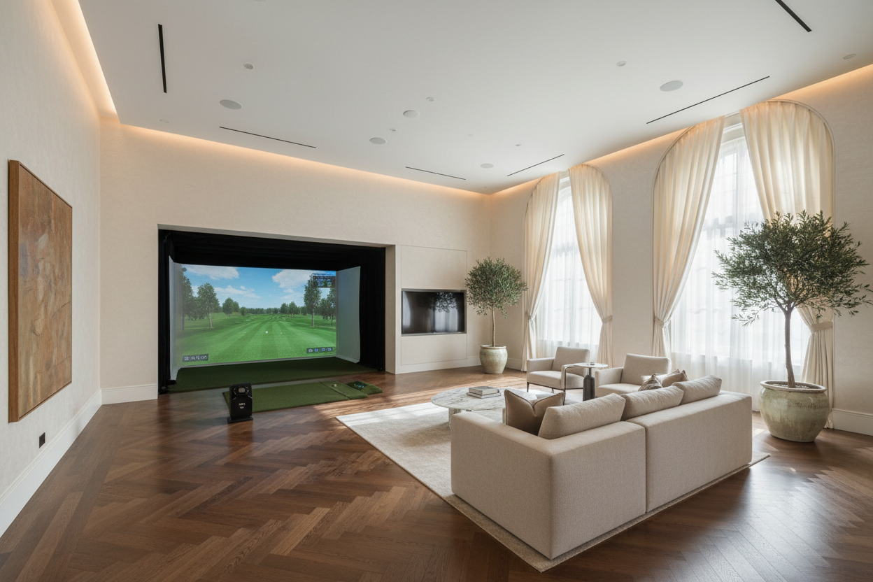 Generate a banner image suitable for a premium online store, but with natural lighting. Feature a photorealistic "Luxury" vibe of a modern architetural high end light and welcomign relaxing elegant large entertainemnt room with high ceilings, eached tall windoweas cream walls and linens curtains and dark wood florring parquet a golf simualtor with a launch monitor as the clear focus. The surrounding scene, mood, and setting should be designed entirely around the product 